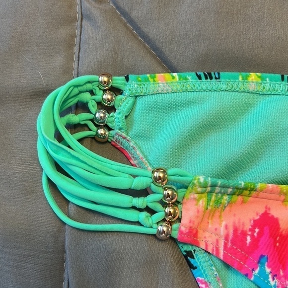 Damsel bikini bottoms multicolored w/ Silver balls & 6 green straps on sides - Picture 7 of 7